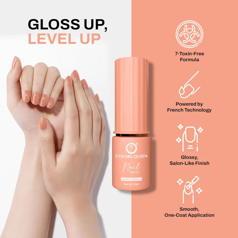 Colors Queen Nail Trend Glossy Nail Polish | Chip Resisting & Quick Drying Nail Paint with High Shine | 7 Toxin Free Formula | Vegan & Cruelty Free | Long Lasting & Vibrant Nail Paint for Women (Pretty In Pink, 13ml) - Thumbnail 2